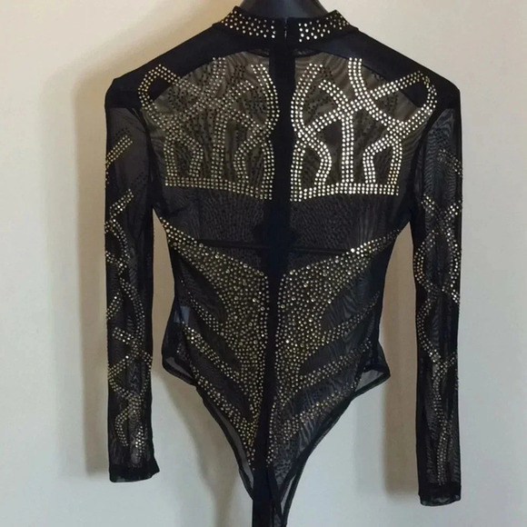 Sexy Sheer Black Mesh Bodysuit – Gold Rhinestone Embellished, Long Sleeve - Picture 5 of 8